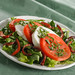 Ripe garden tomatoes and sliced fresh mozzarella on a bed of romaine lettuce, garnished with roasted red peppers and dressed with a delicate basil vinaigrette.