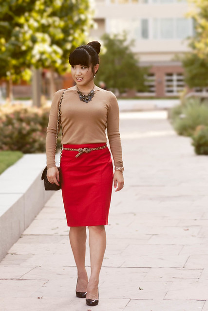 ann taylor camel knit, the limited red pencil skirt, forever 21 leopard skinny belt, louboutin decollete black patent pumps, mk5430, chanel black quilted lambskin m/l flap purse