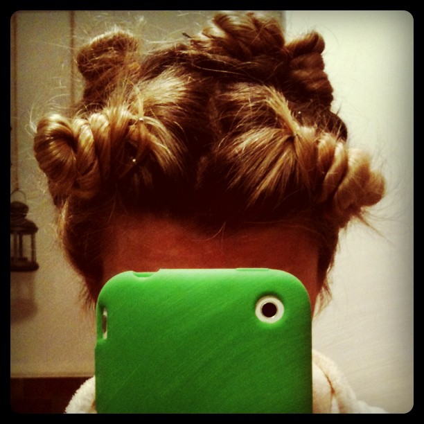 Going to sleep in a head full of twisted buns for BIG curls tomorrow. #hair