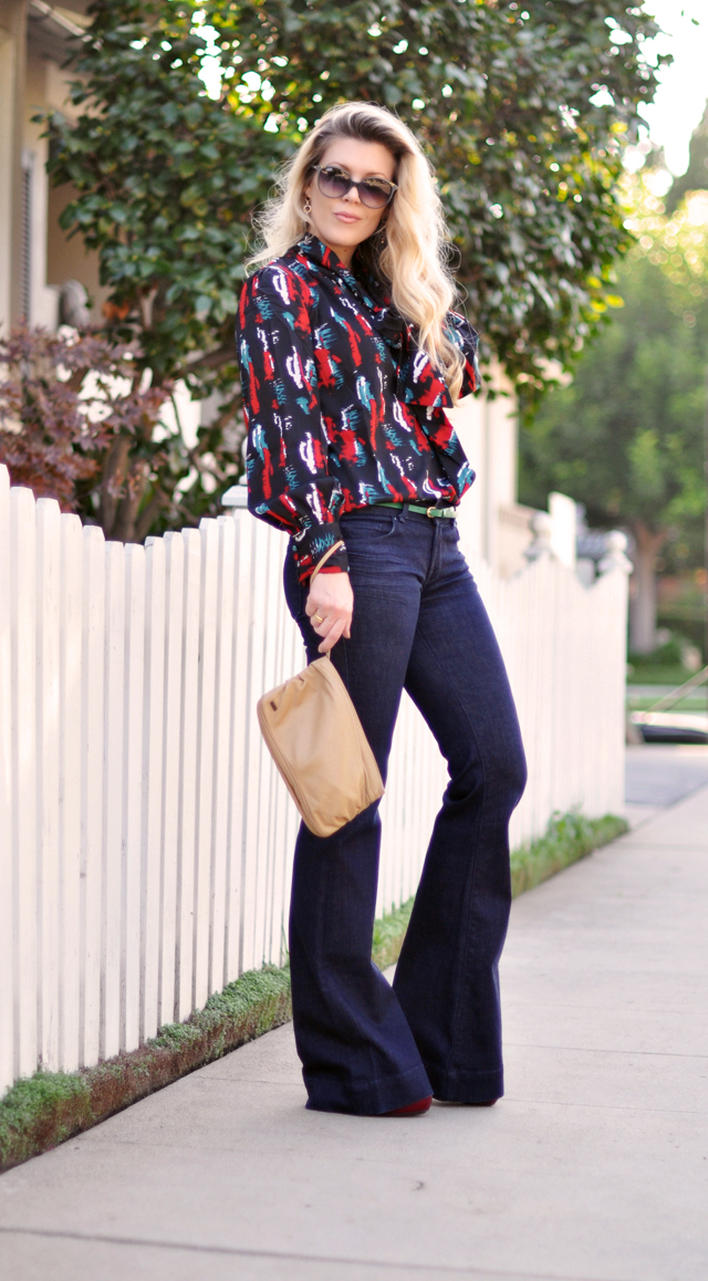 print bow blouse and love story jeans-waved hair