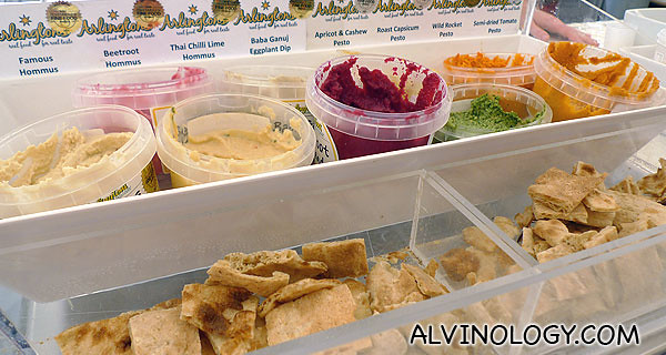 Assorted hummus dips for sampling - gosh I love these!