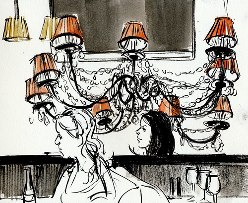 Le Bourbon: chandelier and diners. Paris.