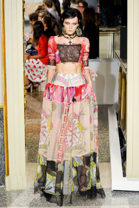 Emilio-Pucci - bare midsection, middrift, cropped, lace, mixed prints, pucci