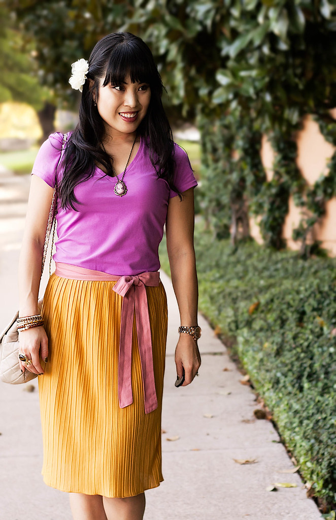 gap fuchsia v-neck shirt, forever 21 lace pleats mustard skirt, forever 21 pink sash belt, forever 21 mustard pumps, yesstyle beige quilted flap purse, romwe street style gem arty ring