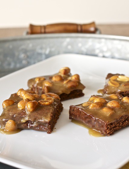 espresso brownies with salted caramel peanut topping