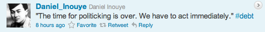 Sen. Daniel Inouye takes to Twitter in the debate over the federal government's debt ceiling.