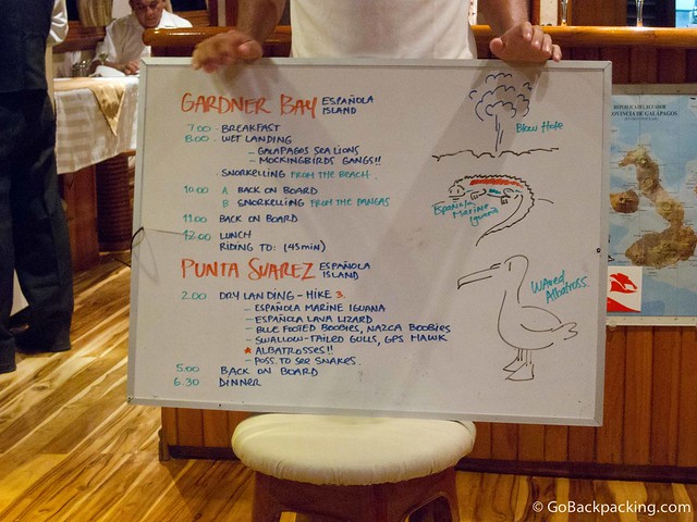 Itinerary for the visit to Espanola Island in the Galapagos.