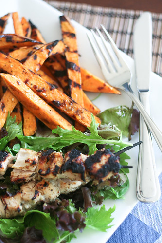Grilled Sweet Potato Fries and Chicken Kebabs