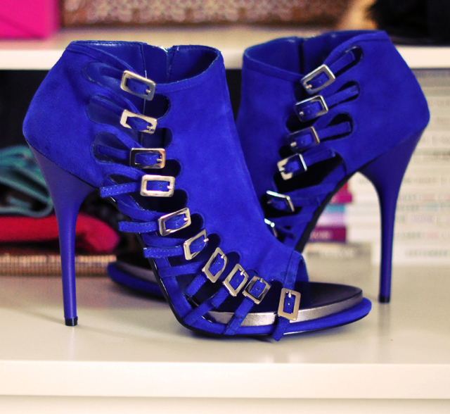 bebe blue suede buckle ankle heels