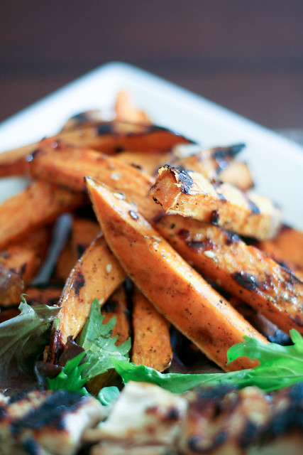 Grilled Sweet Potato Fries and Chicken Kebabs