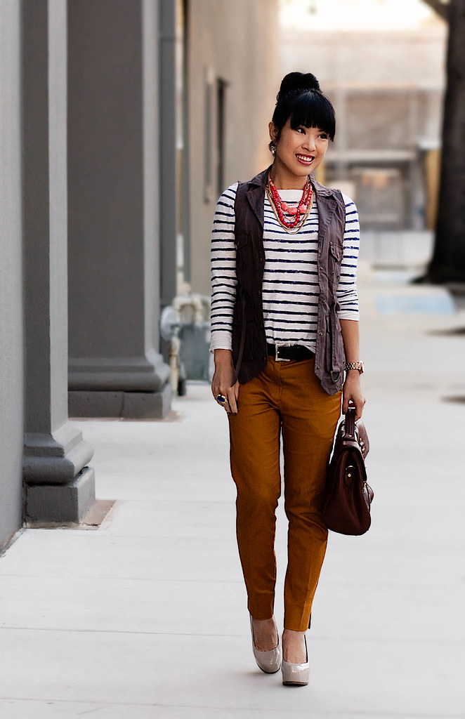 windsor store dried berry cargo vest, loft breton striped shirt, h&m mustard pants, sole society marco santi dash nude pumps, gap brown leather belt, tjmaxx vieta lucille brown satchel, butter london wallis, mac illegal cargo eyeshadow, ysl royal blue arty ring, mk5430 michael kors rose gold small runway, the limited coral gold multistrand necklace