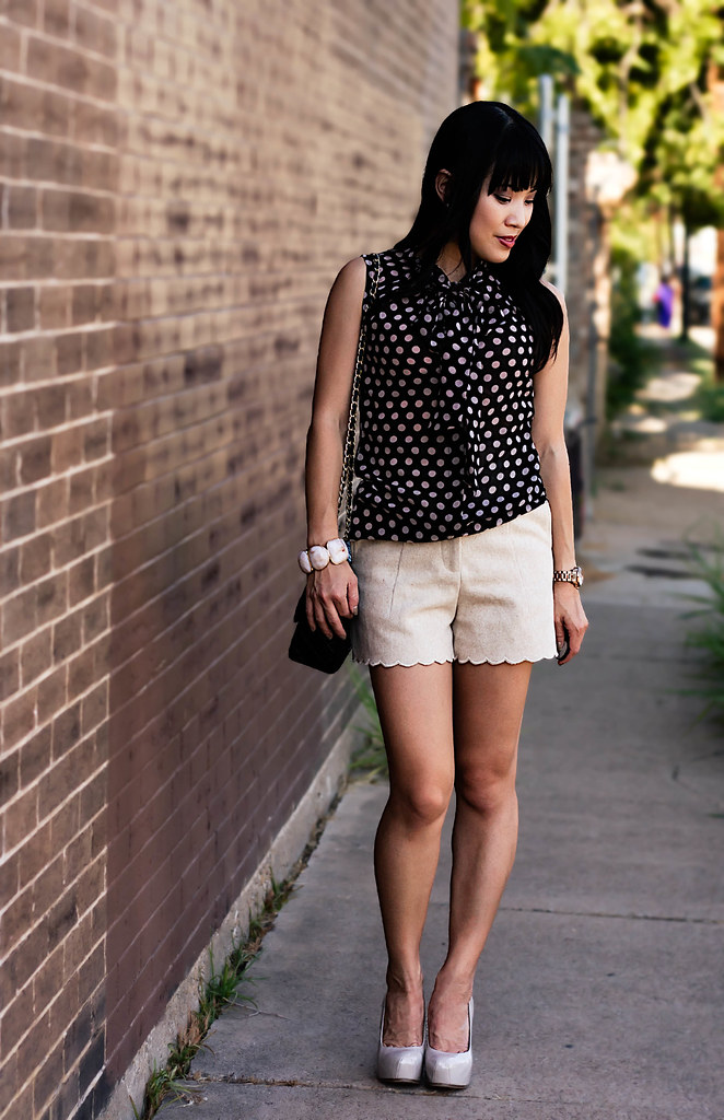 forever 21 polka-dot pussybow blouse, h&m wool scalloped shorts, sole society marco santi dash nude pumps, mk5430 rose gold small runway watch