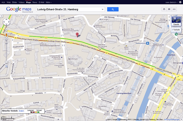 Screenshot aus Google Maps mit Verkehrslage in der Ludwig-Erhard-Straße in Hamburg 