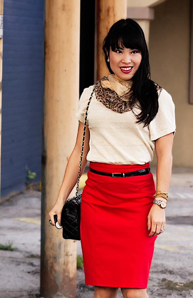 the limited poppy red pencil skirt, target mossimo pearce camel pumps, black patent skinny belt, leopard chiffon scarf, forever 21 leatherette wrap, mk5430, chanel m/l quilted flap purse