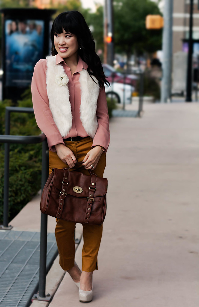 forever 21 love 21 semi-sheer apricot button up, olsenboye faux fur white vest, h&m mustard cropped pants, sole society marco santi dash nude pumps, mk5430, tjmaxx vieta lucille buckle satchel, enzo milano 25mm clipless wand