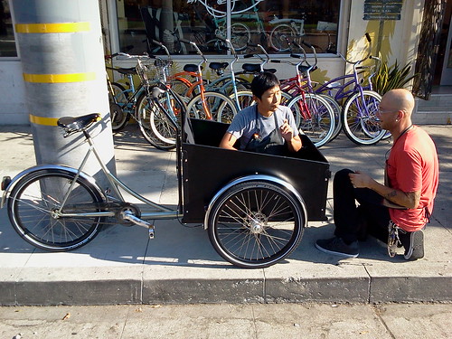 Linda & Sid chilling with a Christiania from boxcycles in front of Flying Pigeon LA