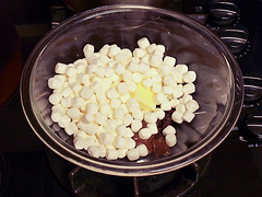 Chocolate Peanut Butter Double Layer Crisp Rice Treats