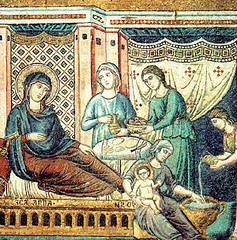 Pietro Cavallini (+1330), Natividad de la Virgen María, mosaico Sta. María en Trastevere, Roma.