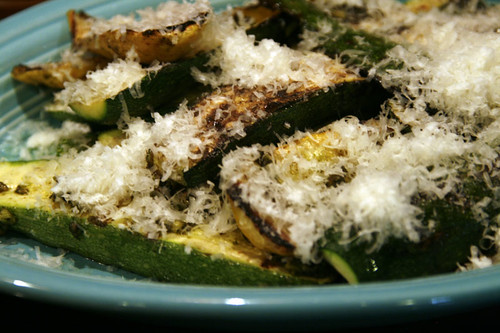Grilled Squash & Zucchini topped with pesto and grated Parmesan Reggiano