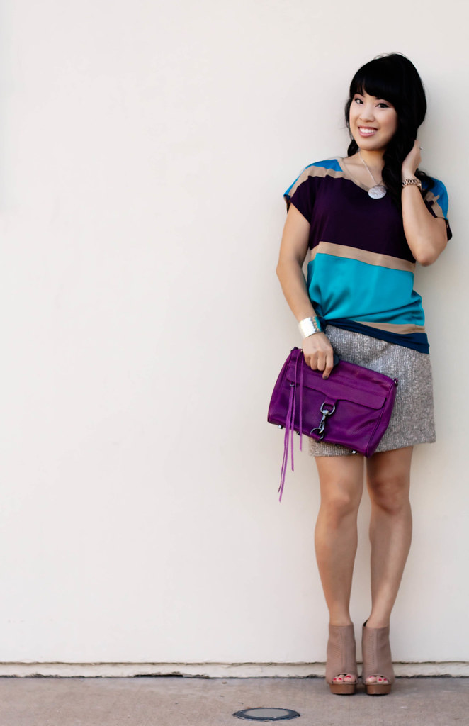 express color block tee, bb dakota groton tweed skirt, sole society marco santi kerries, the limited silver pendant necklace, silver dimpled cuff, rebecca minkoff magenta mac clutch, mk5430