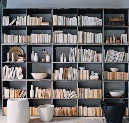 grey bookshelves