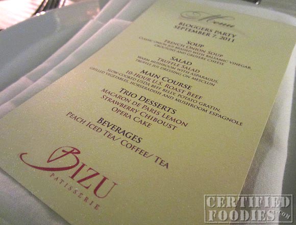 Bizu Patisserie menu for their bloggers party... delicioso!