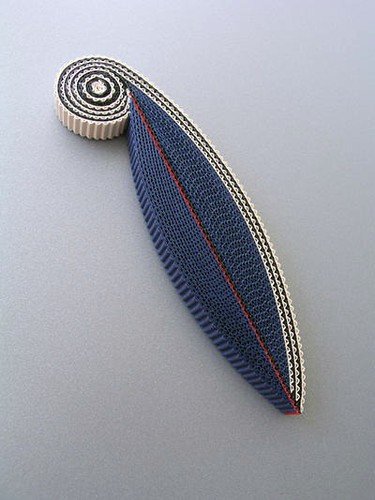 blue, red, white corrugated cardboard leaf-shaped brooch
