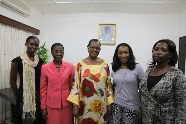 (left to right) Two GF2D staff, the Minister of Women’s Affairs, Togo; Edith Jibunoh, ONE; staff of GF2D.