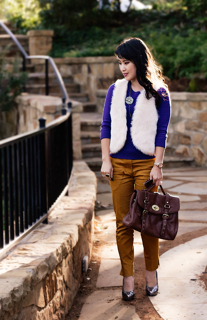 olsenboye angora white fur vest, banana republic purple knit sweater, h&m mustard cropped trousers, flower necklace, romwe street style gem arty ring, tjmaxx vieta lucille brown buckle satchel, forever 21 silver braided pumps, enzo milano 25mm clipless curling rod
