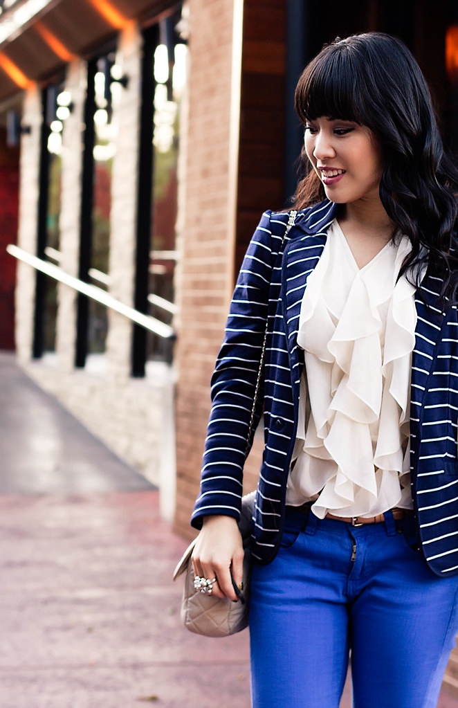 charlotte russe navy striped blazer, forever 21 cream ruffle vest, asos cobalt skinny jeans, sole society marco santi dash nude pumps, mk5430, yesstyle beige quilted flap purse, the limited bobble ring, ann taylor perfect skinny gold belt