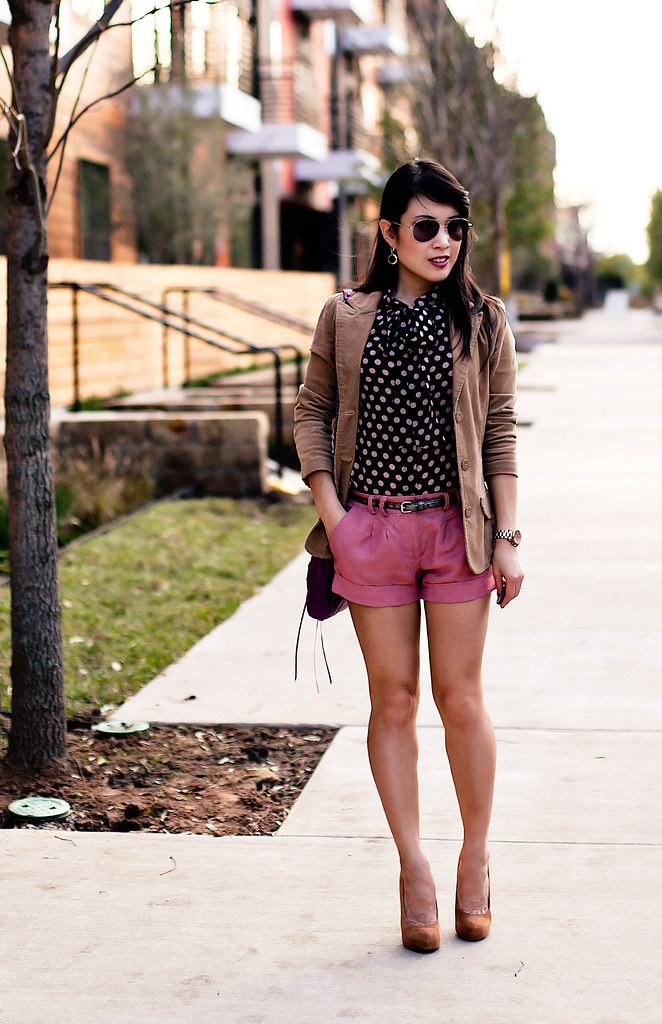 rampage corduroy blazer, forever 21 polka-dot pussybow blouse, forever 21 pink woven shorts, charlotte russe metallic silver belt, bakers wild pair tan suede pumps, 39dollar glasses aviator sunglasses, rebecca minkoff magenta mac clutch, michael kors rose gold small runway watch mk5430