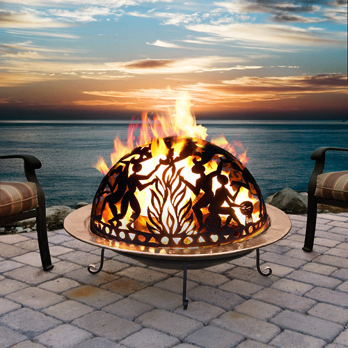 Patio and furniture with fire pit outside