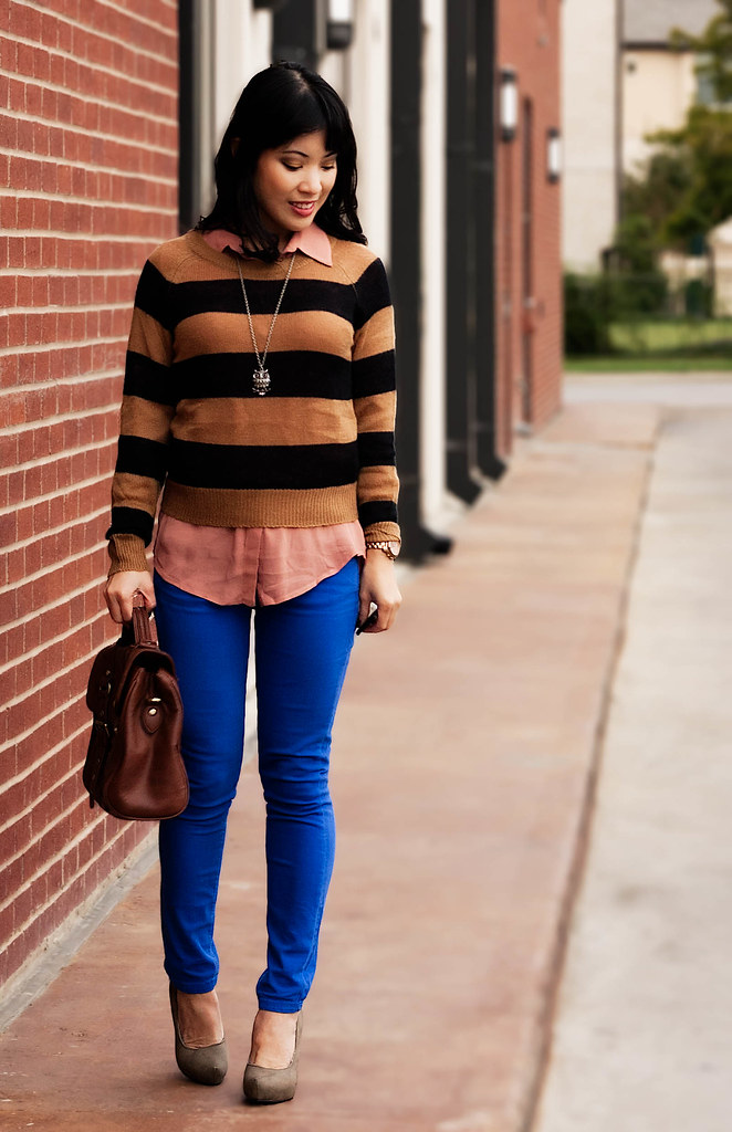 h&m camel black striped sweater, asos cobalt blue skinny jeans, forever 21 pink sheer button-up shirt, michael kors rose gold small runway watch mk5430, forever 21 owl necklace, tjmaxx vieta lucille buckle satchel, forever 21 olive pumps